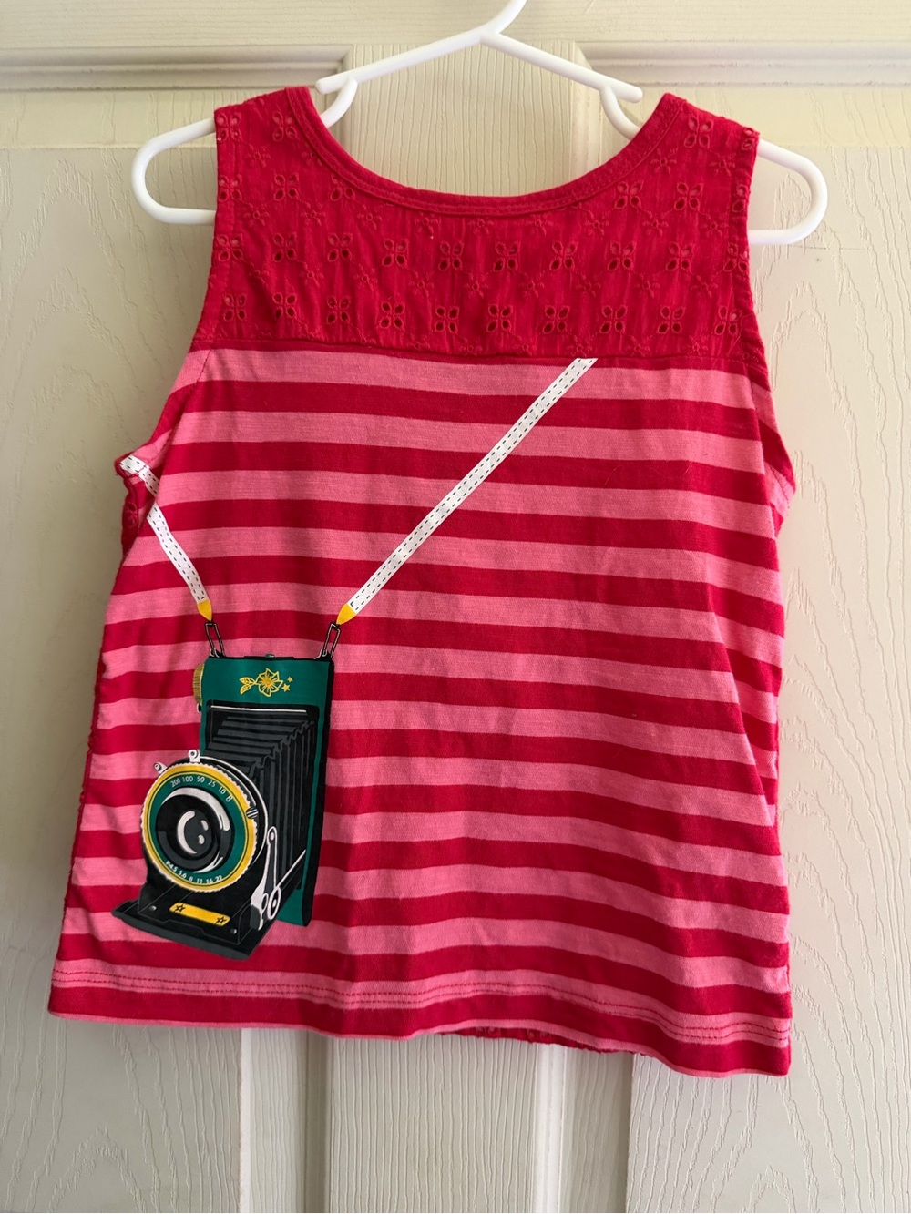 American Girl Red & Pink Striped Tank Top with Retro Camera Print EUC